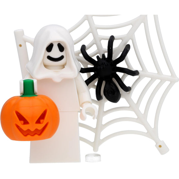 LEGO Minifigur Geist / Gespenst mit Halloween-Kürbis, Spinne und Spinnennetz